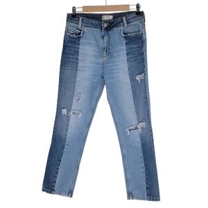 Free People Blue Two-Tone Straight Leg Distressed Jeans 100% Cotton High Rise